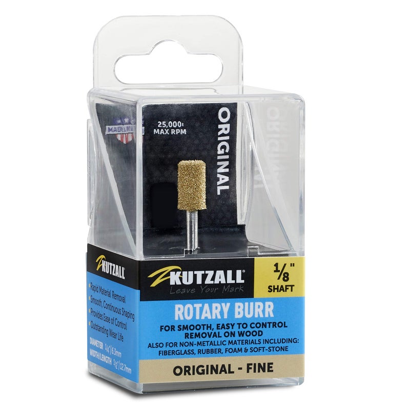 Kutzall Original Cylinder Rotary Burr, 1â„8" Shaft, Fine - Wood Carving Bit for Dremel, Foredom, DeWalt, Milwaukee. Abrasive Tungsten Carbide, 1â„4" (6.3mm) Dia. X 1â„2" (12.7mm) Length, C-14-EG - Image 1